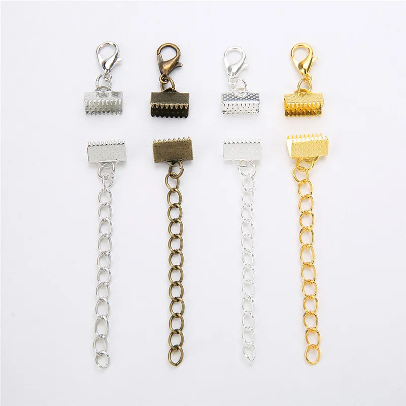 10set Flat Cord End Fastener Clasps With Extend Extension Chains Lobster Clasps End Connectors For Diy Necklace Jewelry Making