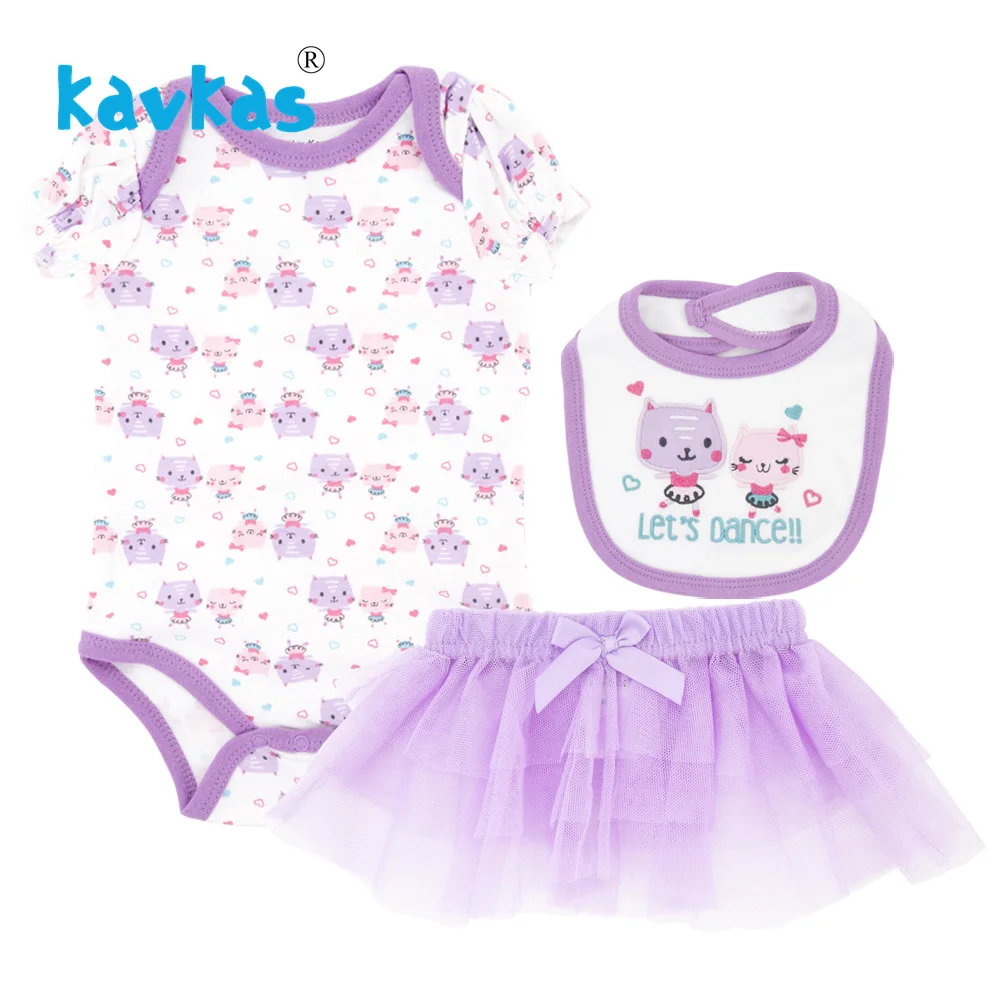 

Kavkas Summer Newborn Infant Baby Girl Clothes Purple Printing Short Sleeve Tops+Tutu Dress + Bibs Toddler Outfits Set