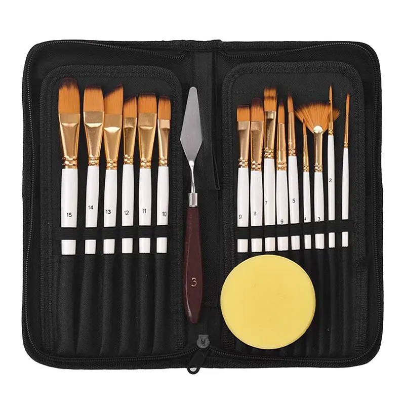 

15Pcs Paint Brush +1Pcs Scraper +1 Sponge Set For Artist Oil Painting Acrylic Watercolor Gouache Art Drawing Pen With Zipper Bag