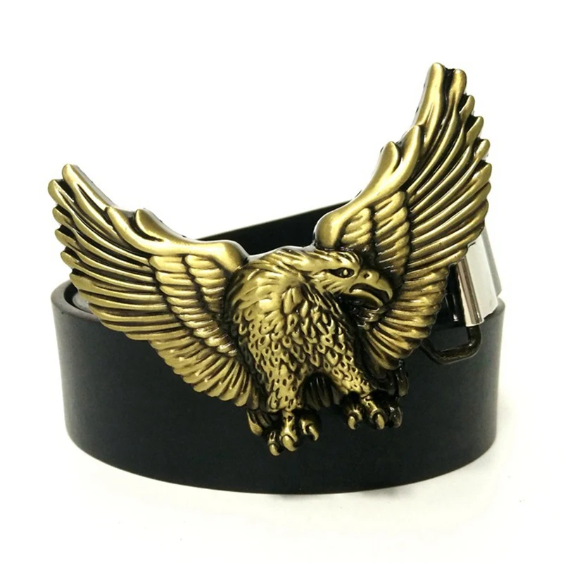 Black PU Leather Casual Hip Waist Belts for Men with Golden 3D Flying Eagle Metal Buckle Western Cowboy Accessories Fashion Gift