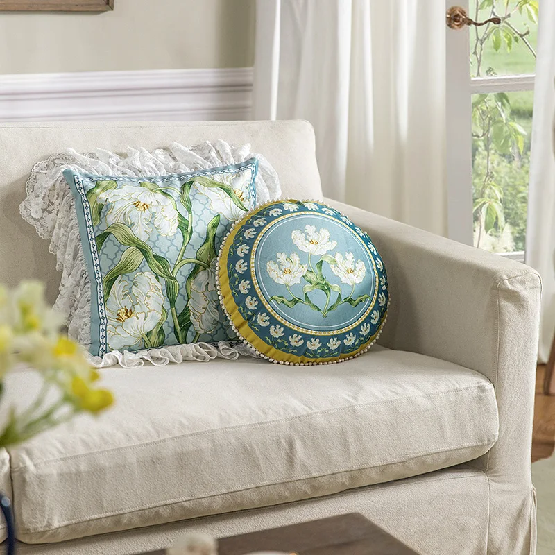 Pearl Cushion Cover with Lily Flowers Artwork, Square Accent Pillow Case, Blue and Green, Light Luxury Lace, 45x45cm view 3