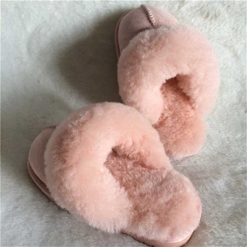 Boys Girls 2022 Natural Sheepskin Fur Slippers Child Winter Slippers Childern Warm Indoor Slippers Soft Wool Home Slippers