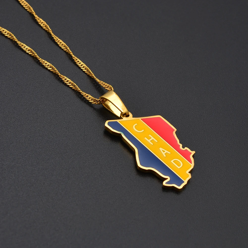 Anniyo Republic of Chad Map Flag Pendant Necklaces Gold Color Jewelry Tchad Maps #257821