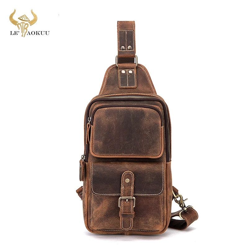 Hot Men Thick Crazy horse Leather Vintage Cross-body Chest Sling Bag Design Travel One Shoulder Bag Daypack For Men Male 1315