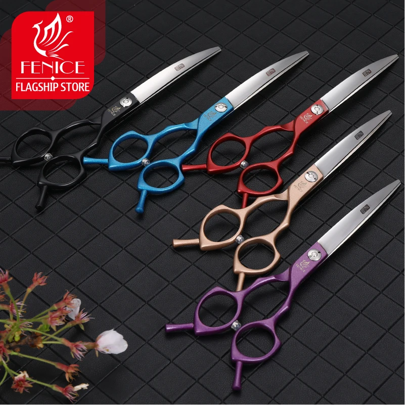 Fenice Professional Japan Colorful 440c 6.5 inch Pet Dog Grooming Scissors Set Cutter Thinner Chunker Curved Shears