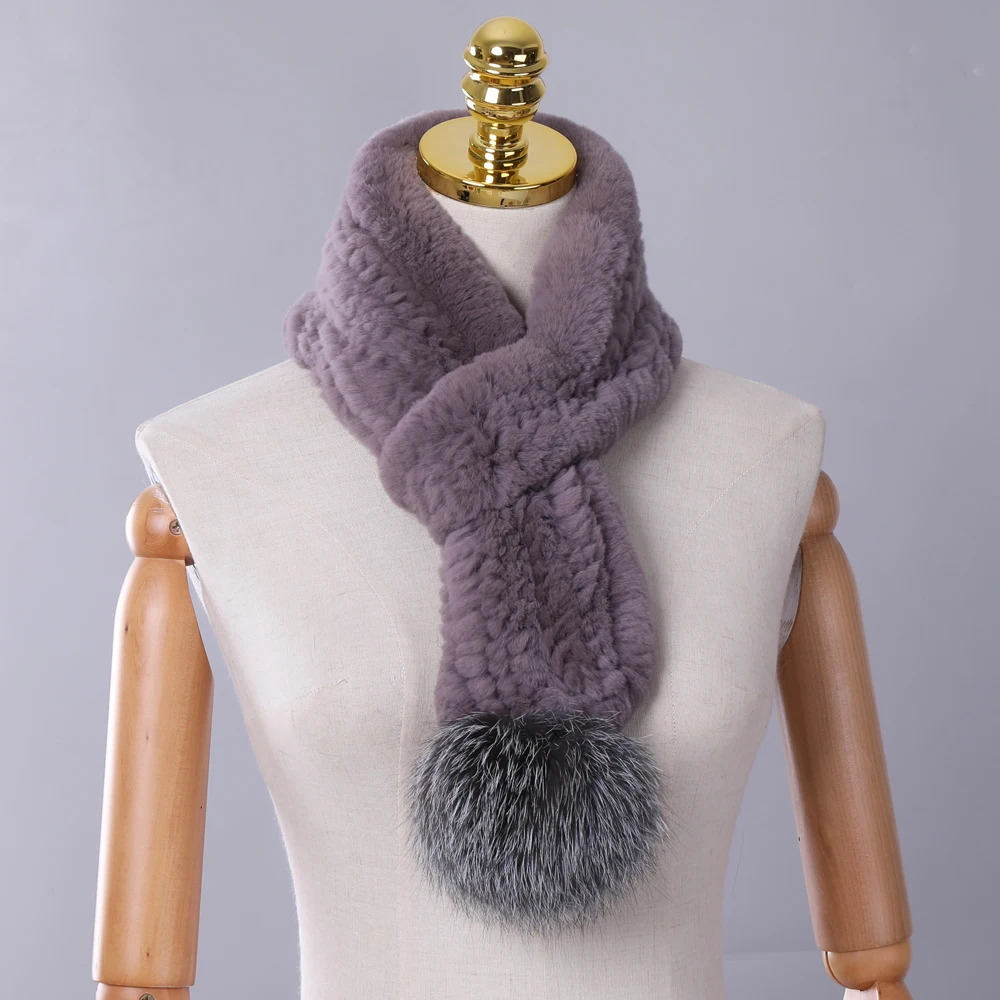 Genuine Women\'s Rex Rabbit Fur Scarf Knitted Fur Scarves Girls Natural Fur Wraps Neck Warmer Silver Fox Fur Pom Poms Neckerchief