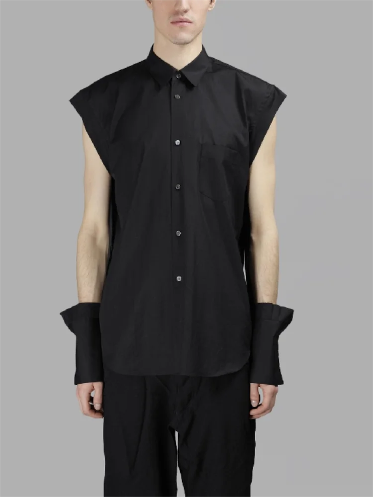 Camisa con solapa de Color sólido para hombre, Camisa sin mangas con diseño de costura, personalidad, tendencia de moda juvenil, novedad de verano
