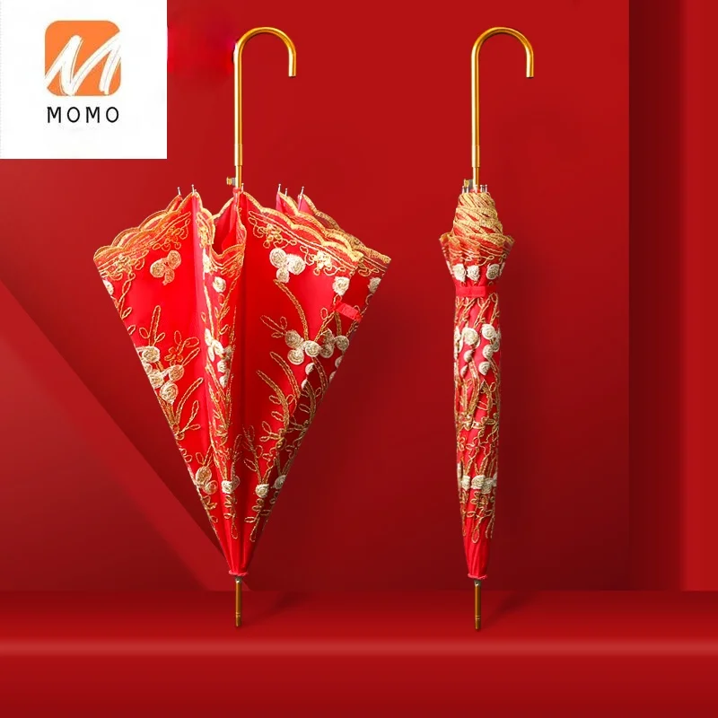 High-End Luxury Chinese Wedding Embroidery Lace Edge Umbrella Noble Red Long Handle Semi-automatic Umbrella