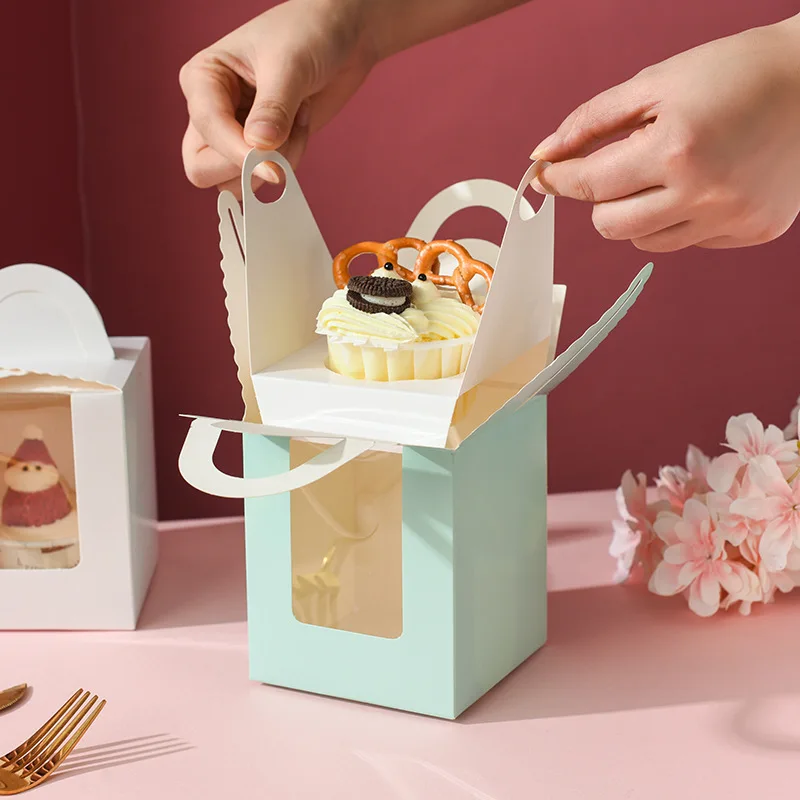 10Pcs/Set Kraft Paper Boxes Transparent Window Portable Cupcake Box For Christmas Wedding Party Supplied