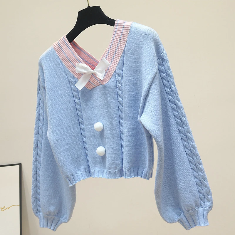 Suéter de punto de estilo coreano para mujer, jersey de manga larga con cuello en V y lazo Vintage, Top corto rosa, color blanco