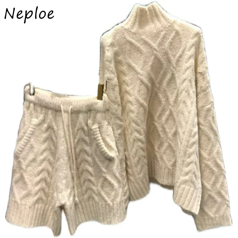 Neploe Casual Sweater Short Suits Women Turtleneck Long Sleeve Tops + Solid Color Knitted Casual Shorts Woman Two-piece Suit