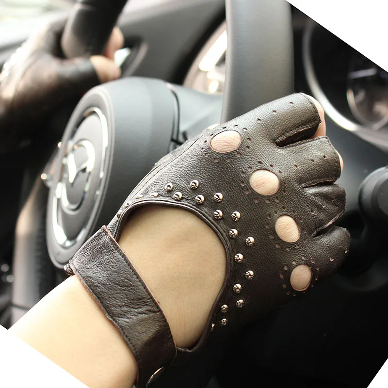 Leather Half Finger Gloves Women\'s Short Thin Section Unlined Spring and Autumn Motorcycle Riding Ladies Driving Fingerless