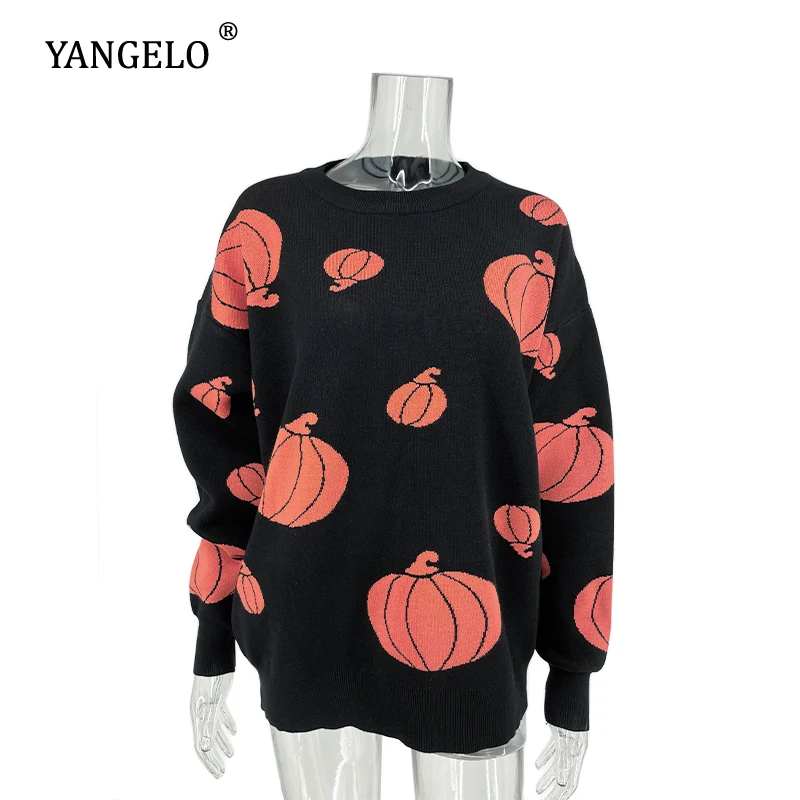 Gothic Pumpkin Pattern Sweater Grunge Aesthetic Women Knit Top Halloween Party Loose Long Sleeves Warm Girl Pullover Steampunk