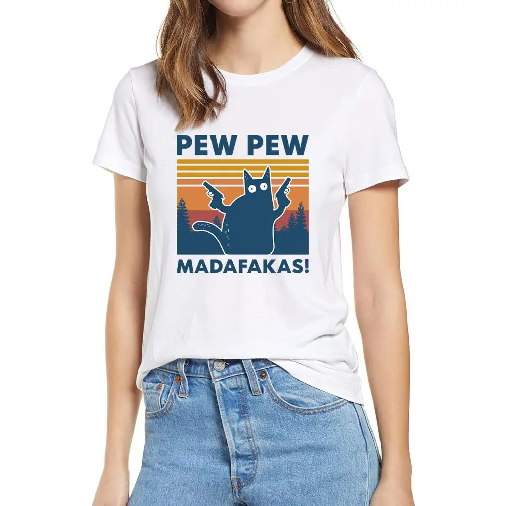 

Black Cat Pew Pew Madafakas Funny Cat Gangster With Gun Meme Retro Women's 100% cotton short sleeves T-Shirt Humor Gift Tops tee