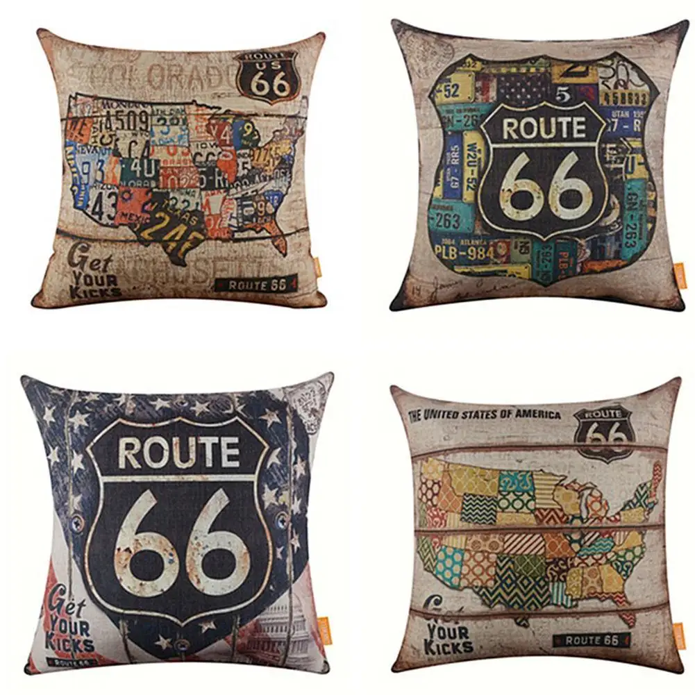 Vintage American Map Route 66 Linen Pillow Case Cushion Cover Sofa Bed Car Decor