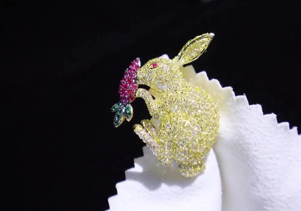 

cute romantic 925 sterling silver with cubic zircon rabbit and radish brooch fine jewelry for women & girl free shipping