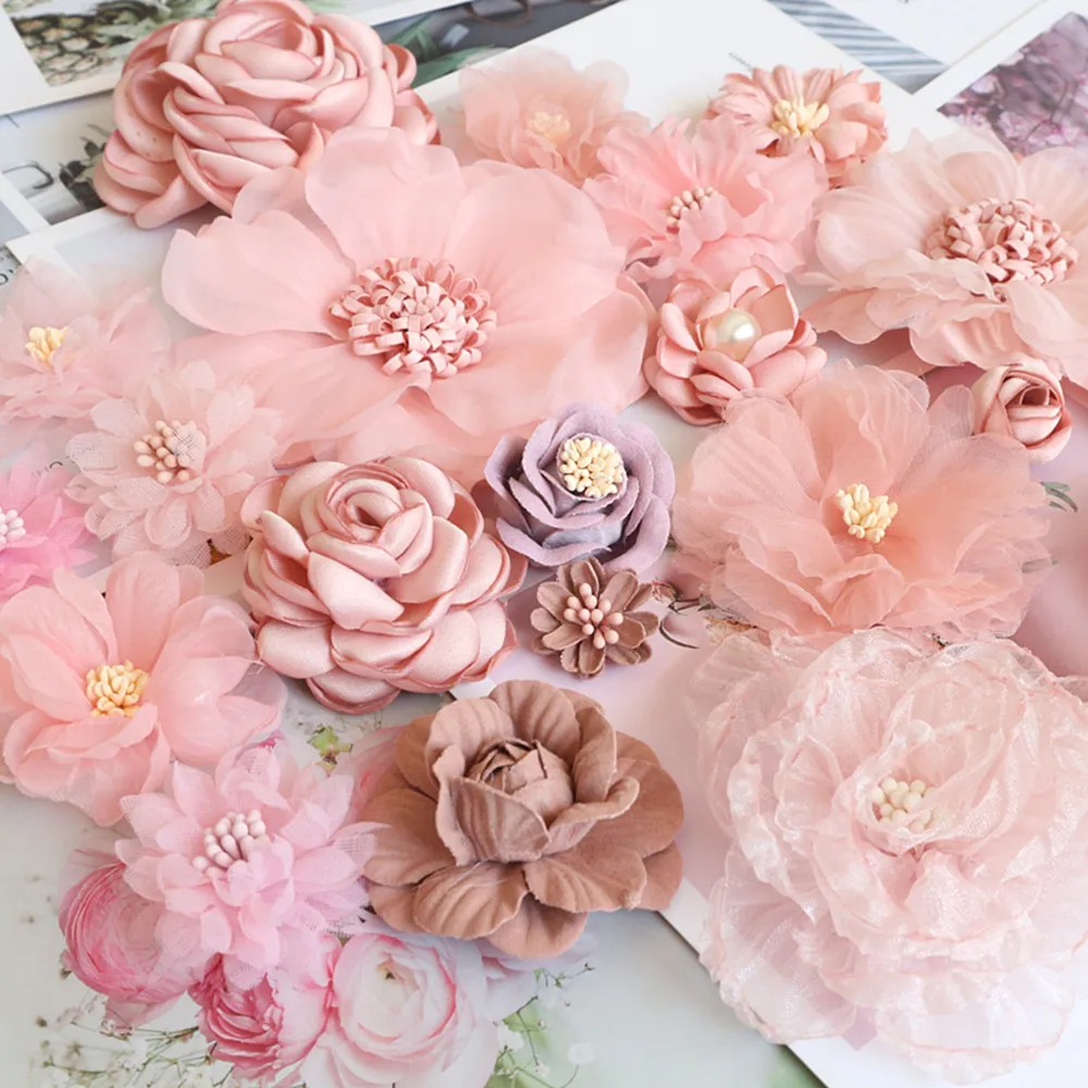 10PCS/Lot Pink Series Handmade Rose Chiffon Fabric Artificial Flowers For Wedding Dress Clothing Hats Decoration Hair DIY