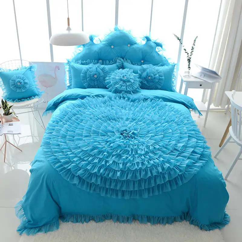 Luxury Big Lace Flowers Bedding Set, Korean Style, Blue, 100% Cotton, Princess Duvet Cover, Bedspread, Bed Skirt, Pillowcases