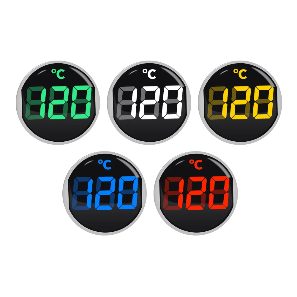 Round LED Light Display Thermometer 22mm Mini Digital Temperature Meter Indicator AC 50-380V 220V -20-120'C with 1m Sensor