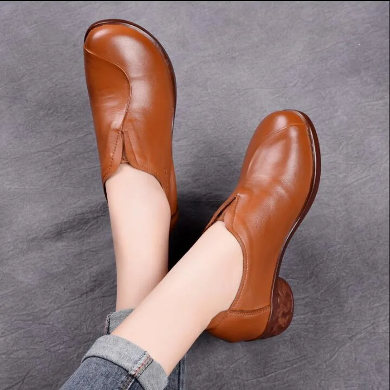 2021 Manual Genuine Leather High Heel Women's Boots Black Vintage Daily Women's Shoes Comfortable Lady Dance Shoes