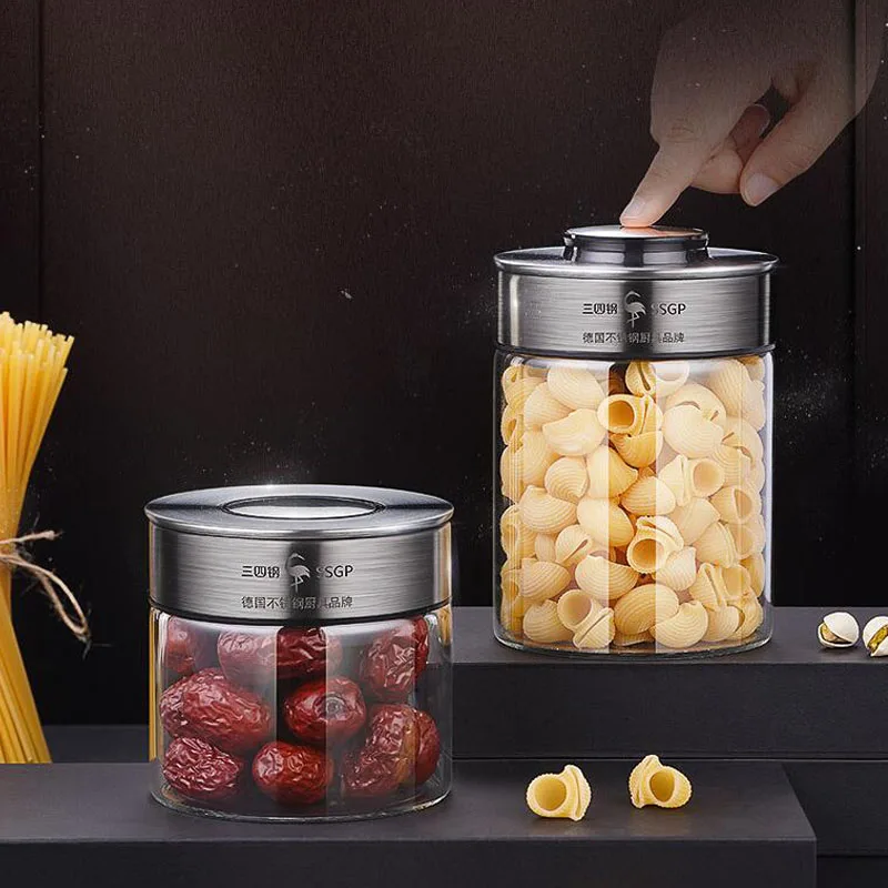 

Household Automatic Keying Seal Pot Grain Storage Tank Snacks Tea Coffee Beans Storage Can Transparent Glass Food Jars