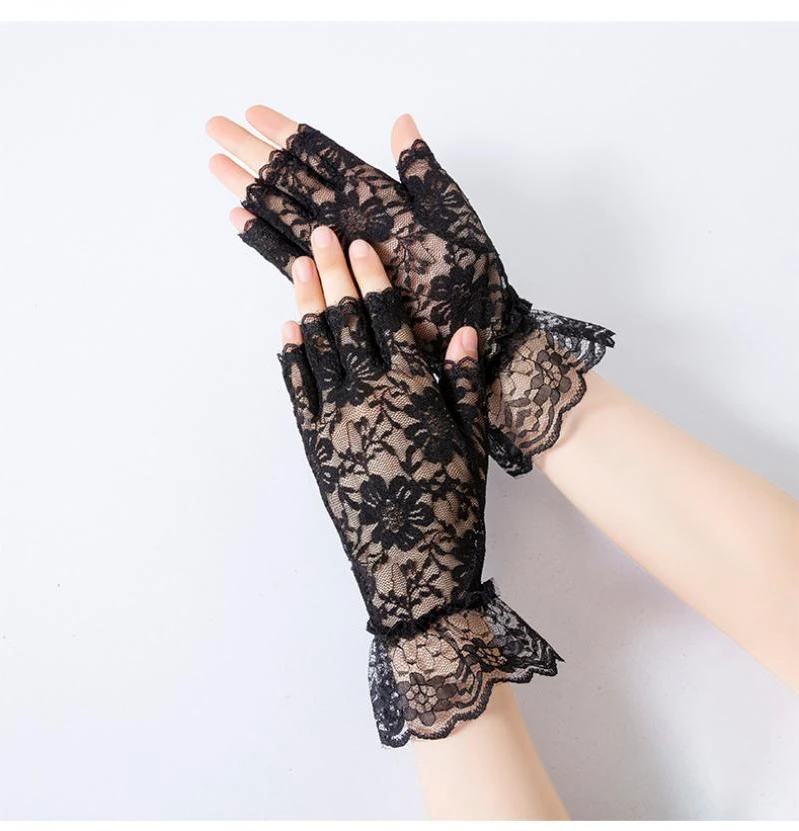 Lace Gloves New Lace Fingerless Gloves Female Riding Sunscreen Etiquette Bride Lace Driving Touch Screen Half-Finger Gloves