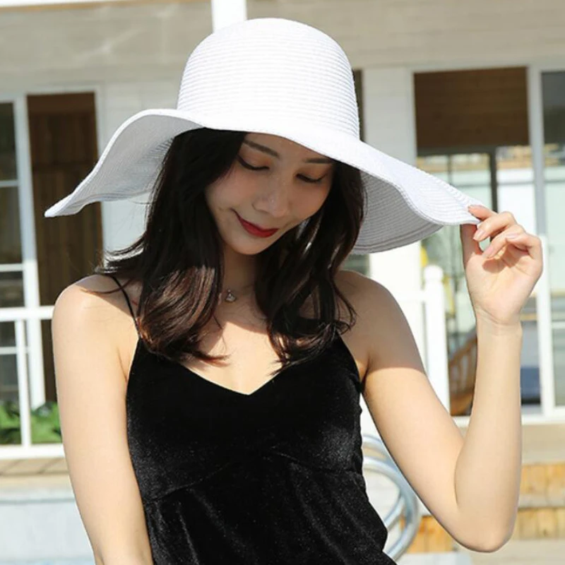 HT3062 Mode Große Große Breite Krempe Hut Solide Plain Floppy Strand Sonnenhut Packable Sommer Hüte für Frauen Dame Stroh hut Strand Kappe – Detail 6