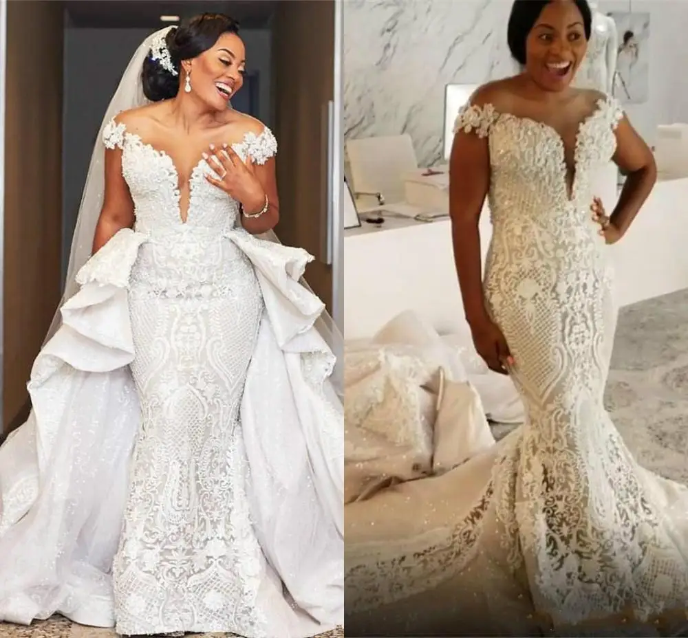 

Bling African Mermaid Wedding Dresses Off Shoulder Lace Applique Crystal Sequins Detachable Train Plus Size Formal Bridal Gowns