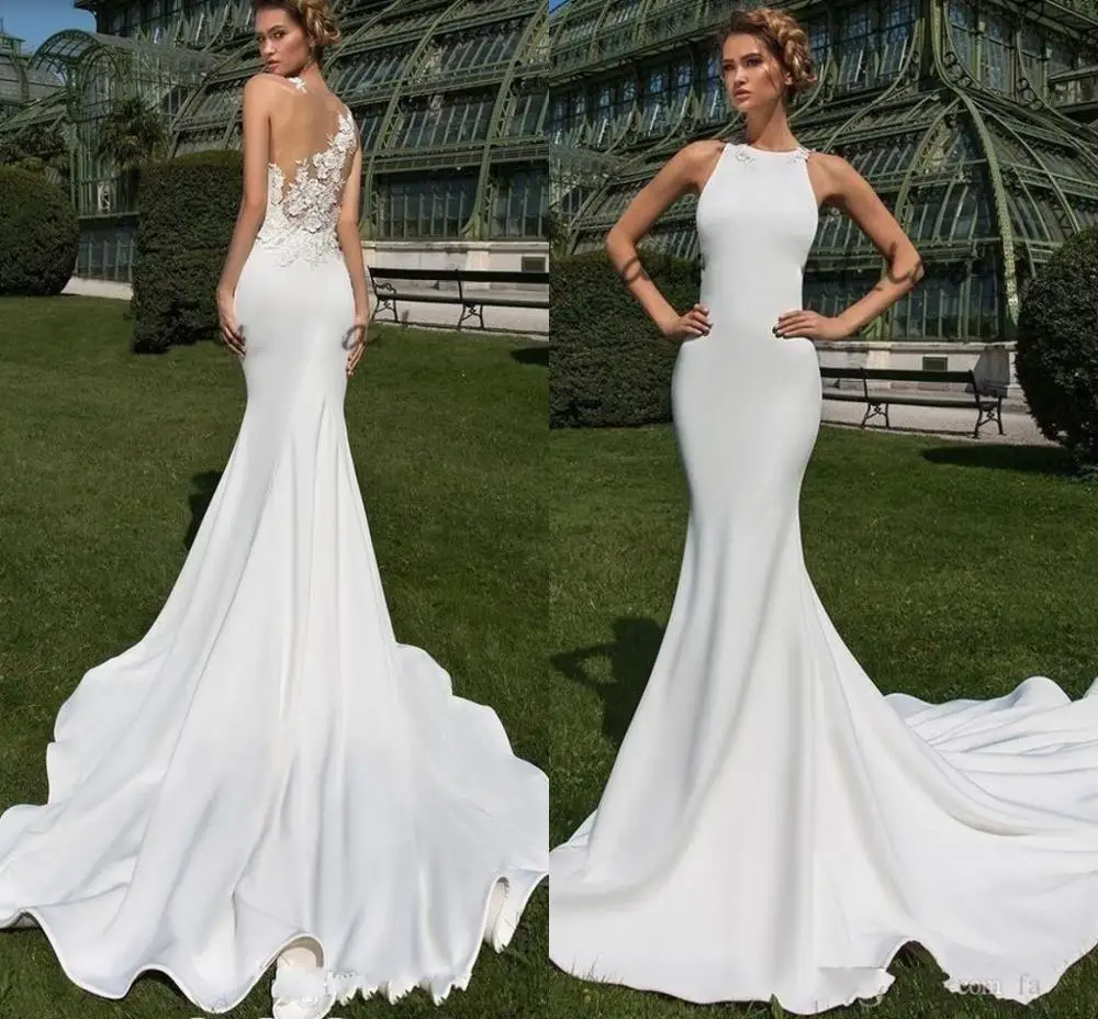 2025 Sexy Beach Stain Beach Mermaid Wedding Dresses Long Sheer Back with 3D Floral Lace Jewel Crystal Outdoor Bridal Gowns