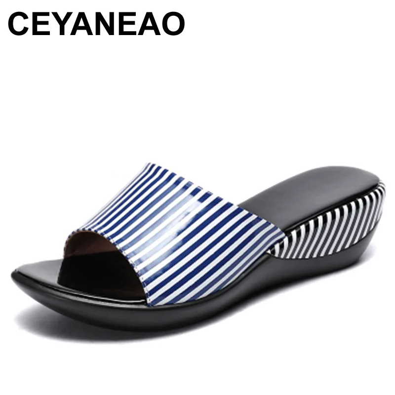 

CEYANEAO Women Slipper's Ladies Summer Slippers Shoes Women Wedges Heels Striped Fashion Summer Shoes Geuine Leather