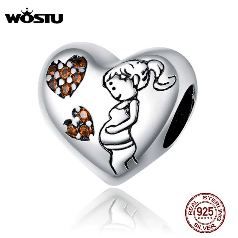 WOSTU Heart Charms 925 Sterling Silver Pregnant Mother Lettering Mom Zircon Beads Fit Original Bracelet Necklace Jewelry CQC1589