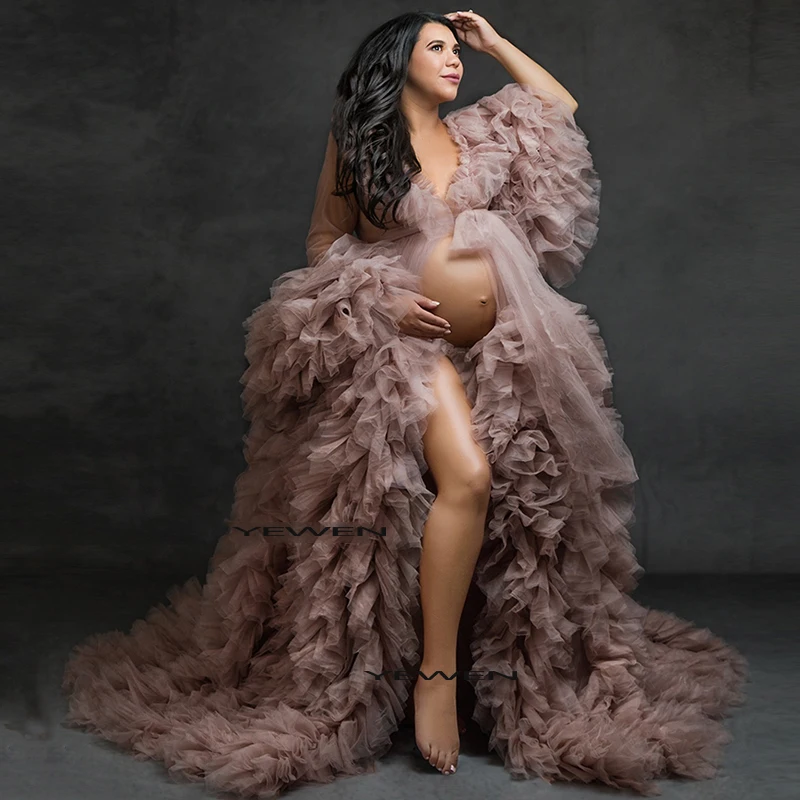 

Cute Tulle Maternity Dress for Photo Shoot Long Sleeves Ruffles Gown for Pregnancy Photography Baby Shower Dresses YEWEN