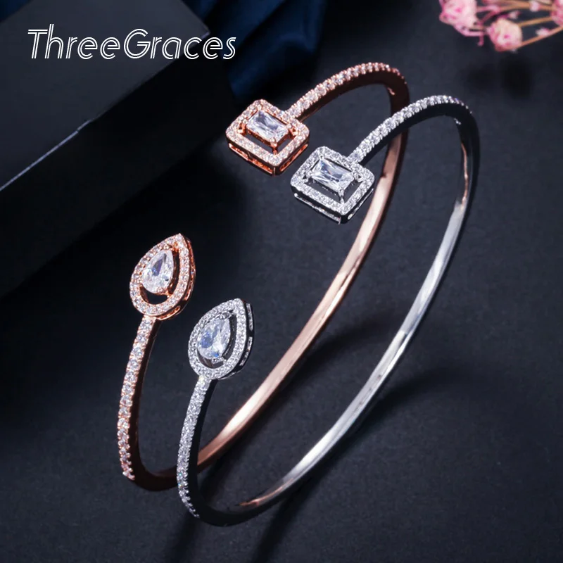 

ThreeGraces Summer Chic Square and Water Drop Cubic Zirconal Stone Silver Color Adjustable Open Cuff Bangles for Ladies BA008