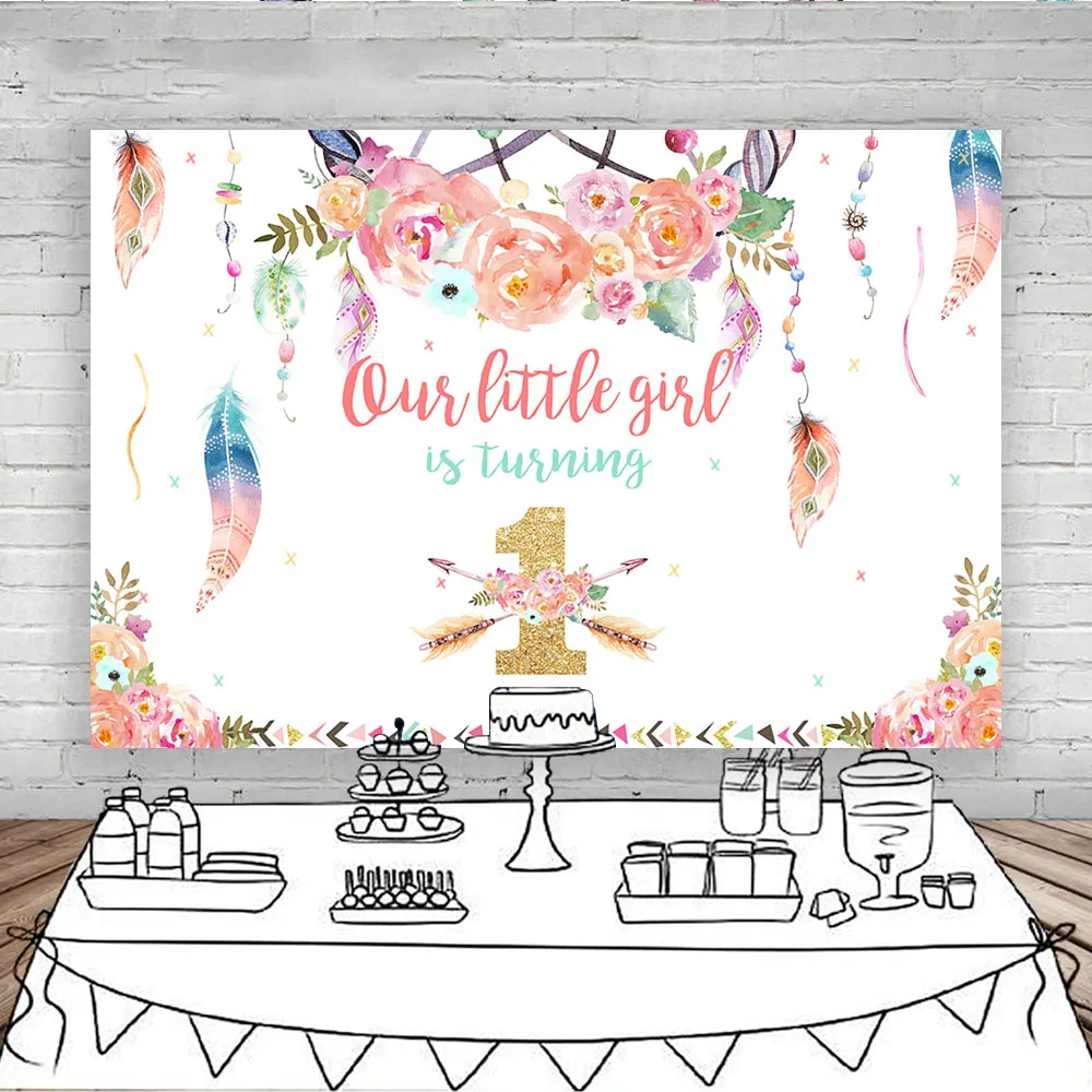 Newborn Girl Birthday Party Backdrop 1st birthday Floral Background for Photography One Little girl is Turnning Watercolor Flowe