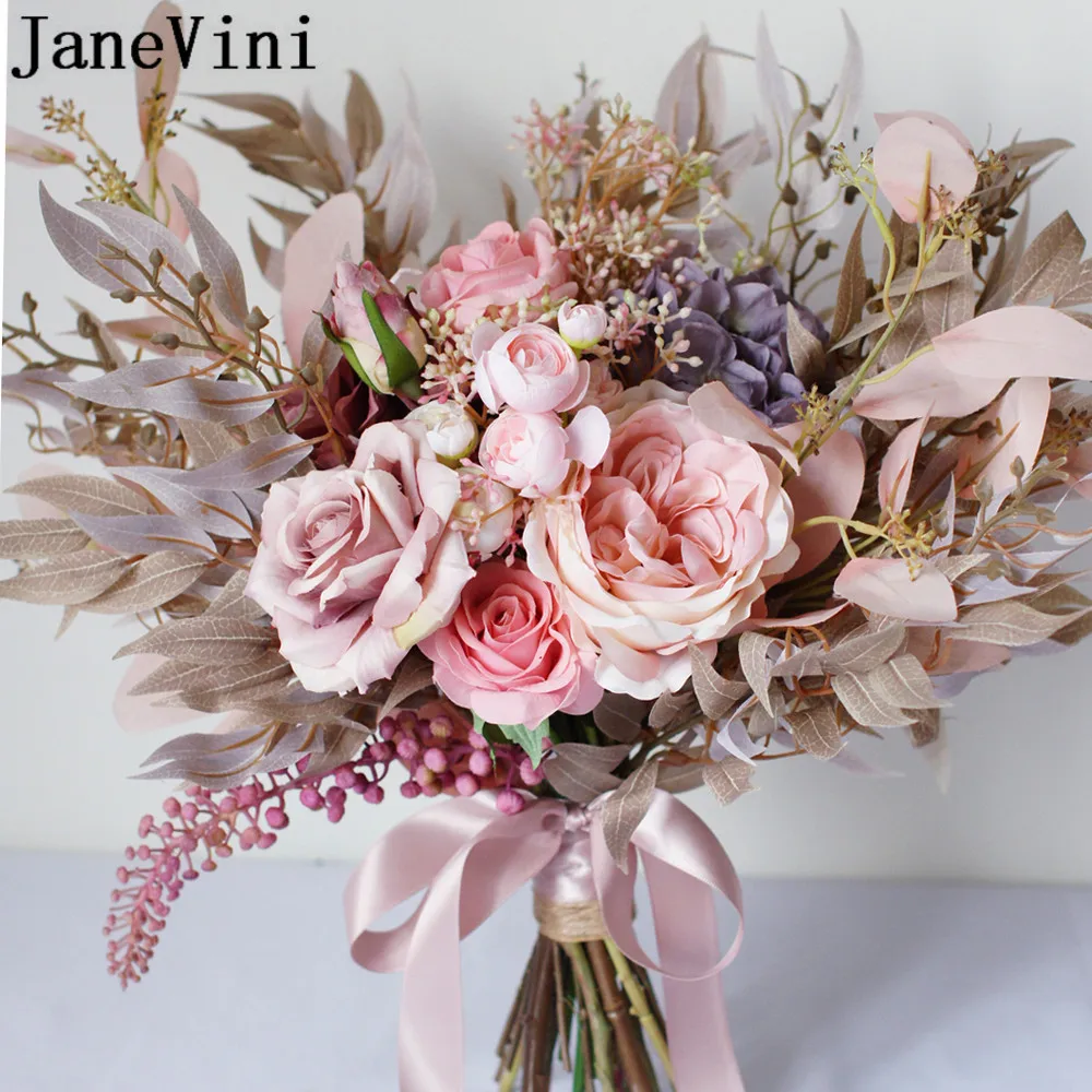 Janeini buquê de casamento vintage com flor rosa, buquê de noiva com peônia rosa de seda, hydrange, outono 2020