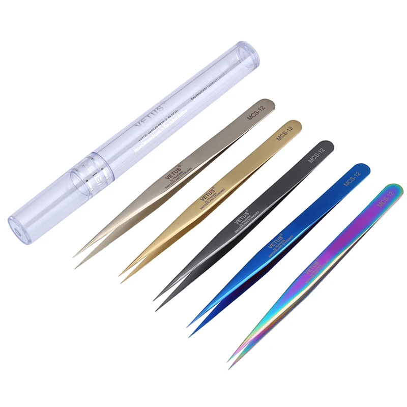 VETUS MCS-12 Stainless Steel Precision Tweezers Colorful/Golden/Blue/Gray Straight Tips Tweezer for Electronics Repair Tools