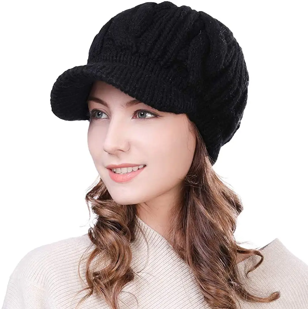 Women\'s Wool Knitted Acrylic Fibres Visor Beanie Winter Hat for Women Newsboy Cap Warm Soft Lined