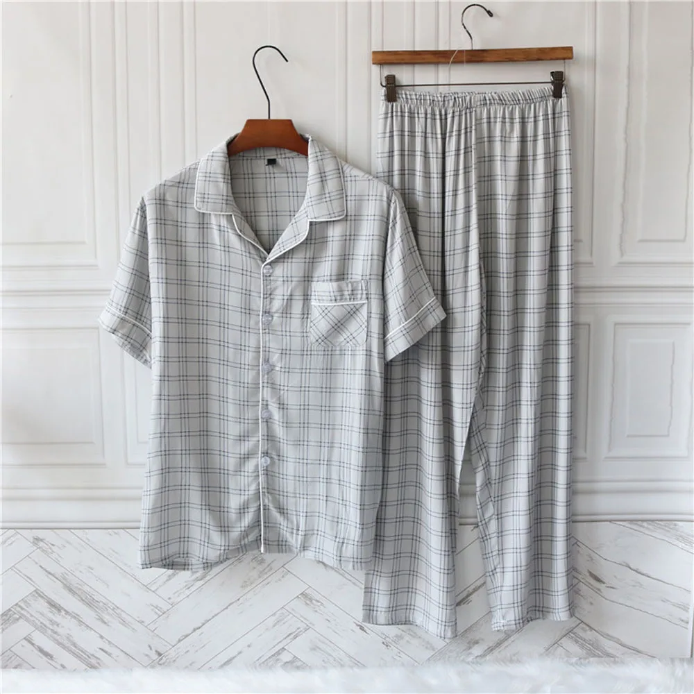 Pyjama à carreaux pour hommes, ensemble deux pièces, pantalon à manches courtes, en coton, décontracté, Service à domicile, vêtements de nuit