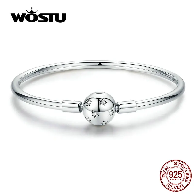 WOSTU Sparkling Stars Bracelets 100% 925 Sterling Silver Zircon Round Charm Bracelets Bangle For Women Silver 925 Jewelry CQB144