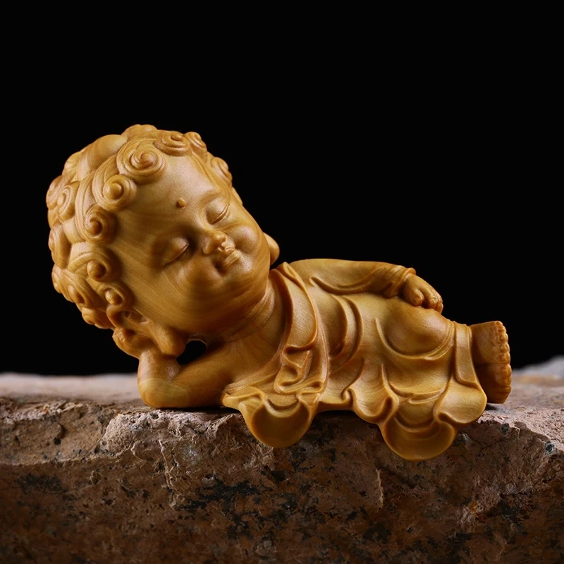 Boxwood 8CM Sakyamuni Sculpture Wood Lying Down Cartoons Buddha Statue Home Decor