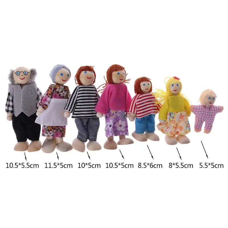 7pcs/set Happy House Family Dolls Wooden Figures Characters Dressed Kids Girls Lovely Children Pretending Toys