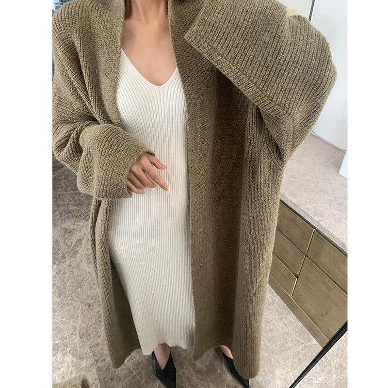 ZAYAU-Khaki Long Knitted Cardigan for Women, Loose Fit Sweater, V-Neck, Long Sleeve, Big Size, New Fashion, Autumn and Winter