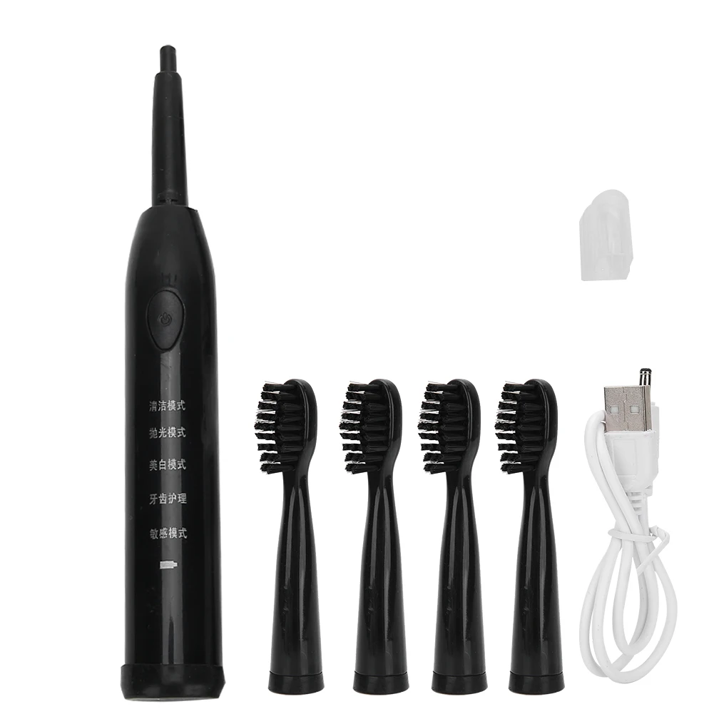 Preto sonic escova de dentes elétrica 5 modos vibração usb recarregável à prova dwaterproof água adulto escova de dentes elétrica 4 escovas substituição cabeça