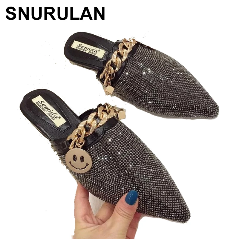 SNURULANPointed Toe Half Slippers Female Summer Wear New Fashion Rhinestone Lazy Flats Sandals Casual Mules Metal Chain Slide