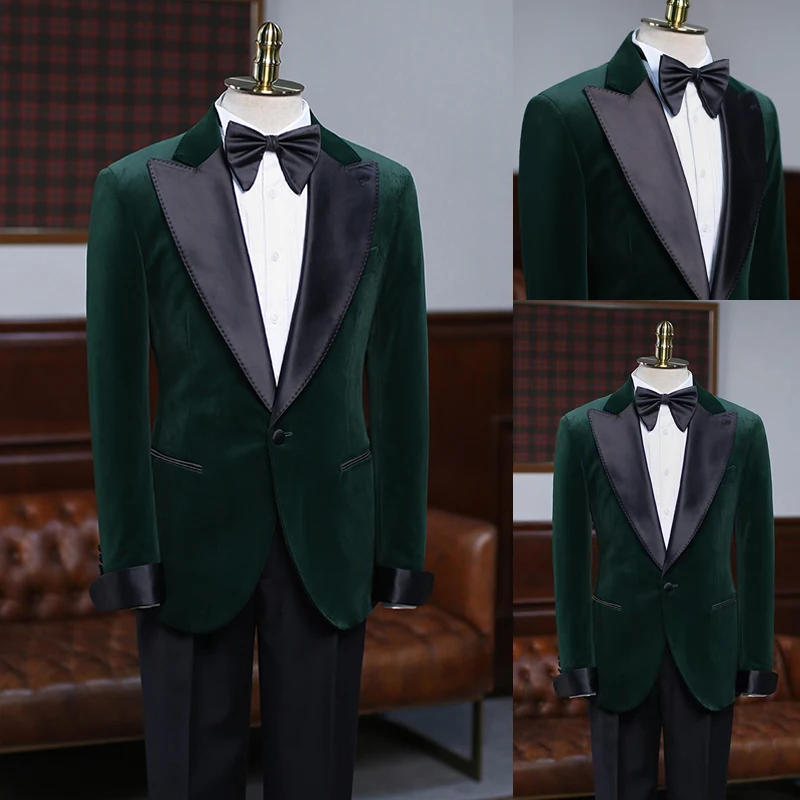 

New Green Mens Suits Custom Made Business Tuxedos One-Button Black Lapel Groom Wear Custom Made Casual Business 2 Pieces Suit