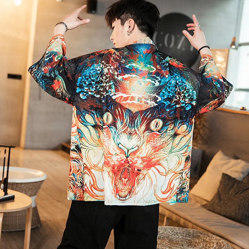 

5xl Mens Kimono Jacket Thin Cardigan Shirt Japanese Style Male Kimono Cardigan Men Streetwear Samurai Costume Dragon