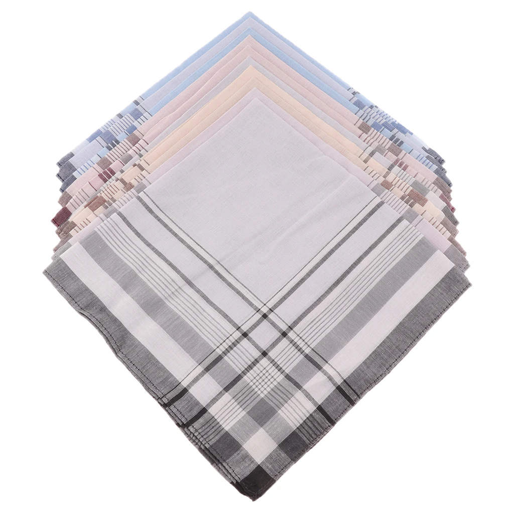 10pcs Cotton Men Square Plaid Handkerchiefs 38 x 38cm Classic Hanky Light Color Vintage Pocket Towel For Wedding Party