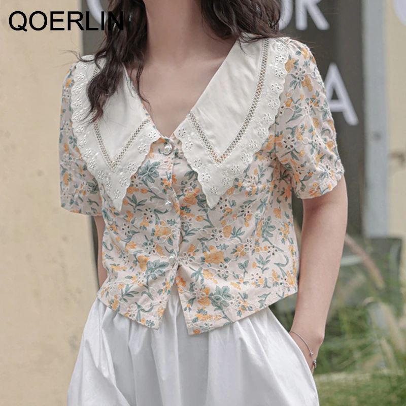 QOERLIN Printed Blouse Female 2022 Summer Women\'s Blouse Korean Polka Dot Short Sleeve Hollow Out Shirt Cropped Tops