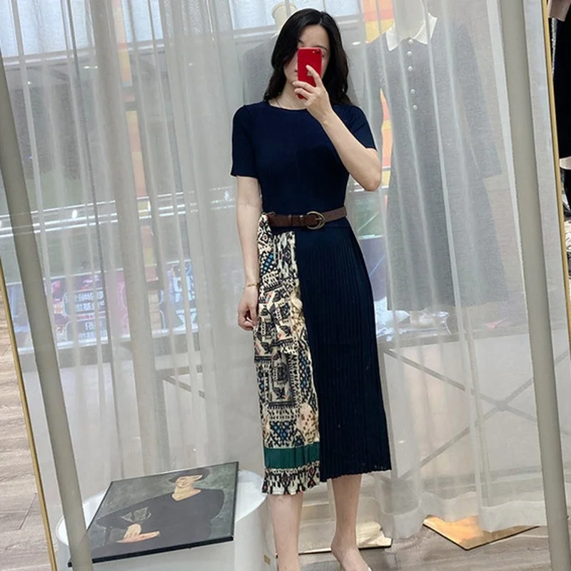 2022 Dress Summer New Womens Fashion Casual Spliced Pleated Skirt Korean Style Pullover Office Lady Elegant Vintage Dress