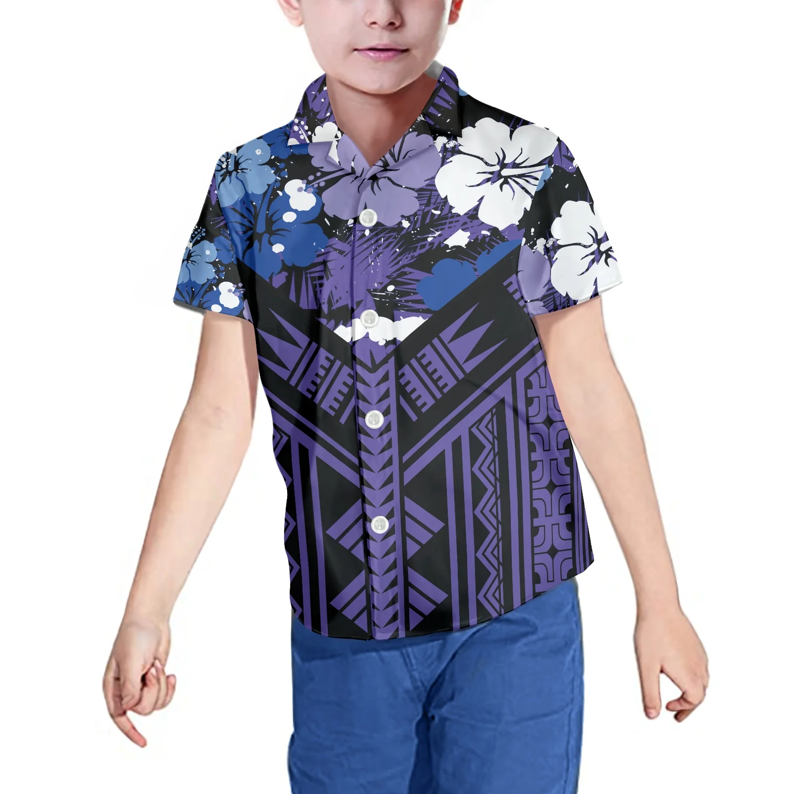 Hycool Purple Flower Hawaii Tribal Print Short Sleeve T-shirts For Boys Custom Luxury Brands Clothings For Kids Dropshipping